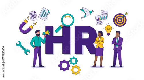 Professional HR manager, female recruiter and male corporate executive standing around large HR letters with business icons, concept for human resources management, talent acquisition and recruitment