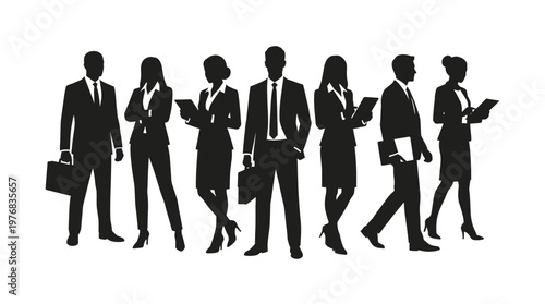 Silhouettes of professional executives, managers and entrepreneurs standing in a row on white background, concept for corporate leadership, professional networking and recruitment projects
