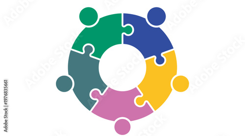 Five colorful puzzle pieces forming a circular human team icon symbol on white background, concept for corporate unity, strategic business management and professional teamwork cooperation