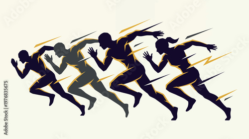 Group silhouette of ambitious corporate managers and CEOs sprinting fast with golden dynamic motion lines, concept for career advancement, leadership competition and business growth