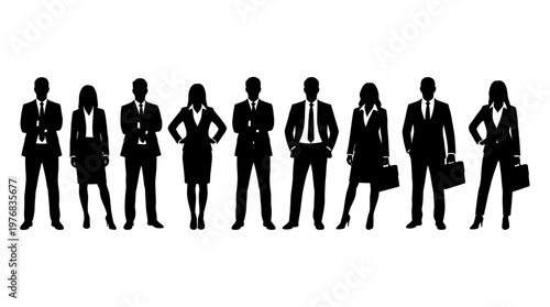 Silhouette of diverse group of professional business executives and managers standing in suits on white background, concept for corporate leadership, recruitment and workforce management