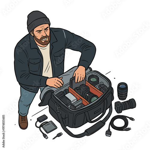 Man unpacking camera equipment from a bag on the floor indoors