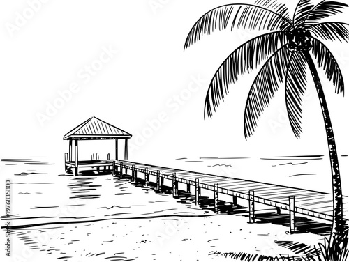 Hand drawn of a tropical pier with a gazebo and palm tree white background beach