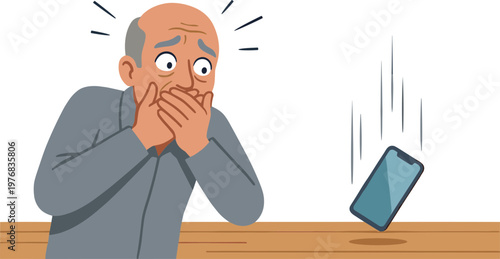 A shocked man reacts to his falling smartphone on the table.