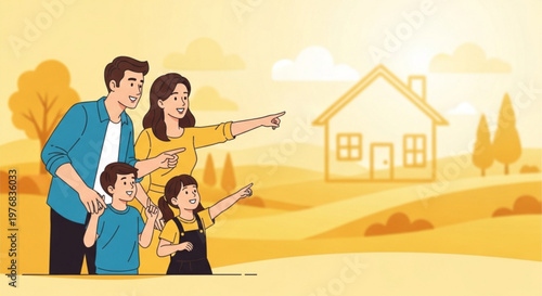 Family pointing towards a house in a sunny landscape concept of home ownership and future planning illustration