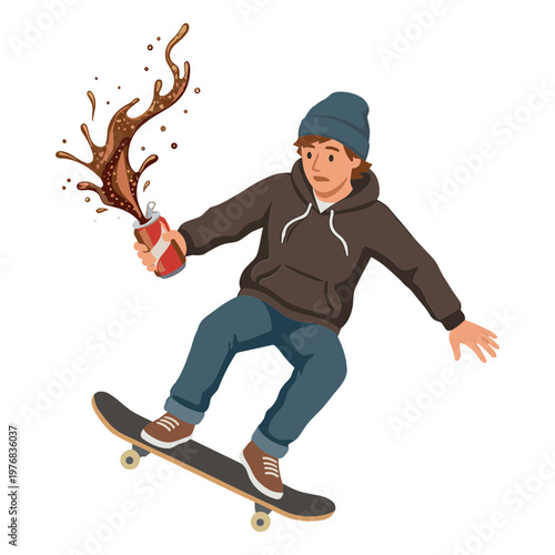 Teenager skateboards with chocolate splashing from soda can