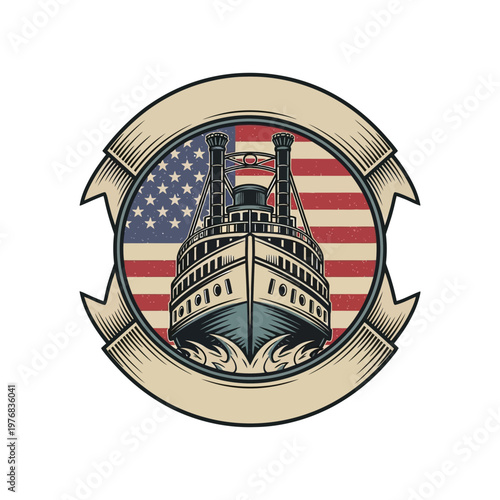 Vintage steamboat emblem with national flags and anchors in a circular border