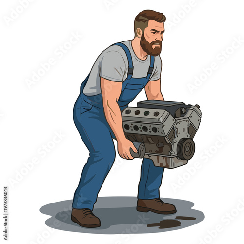 Man lifting heavy engine in garage with tools around