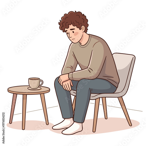 A man sits on a chair next to a table with a cup looking sad