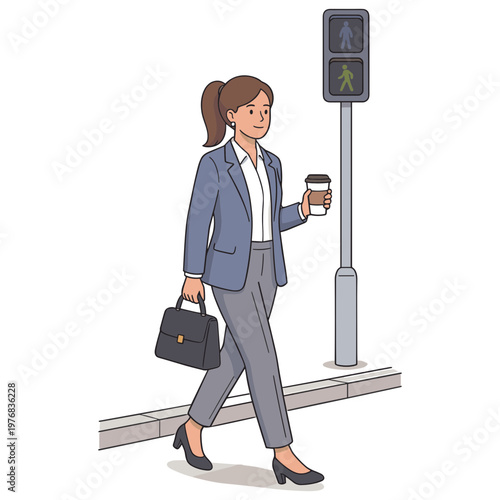 Woman in business attire crosses street with coffee and briefcase at pedestrian signal