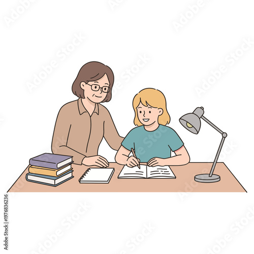 Woman helps young girl with homework at desk with books and lamp