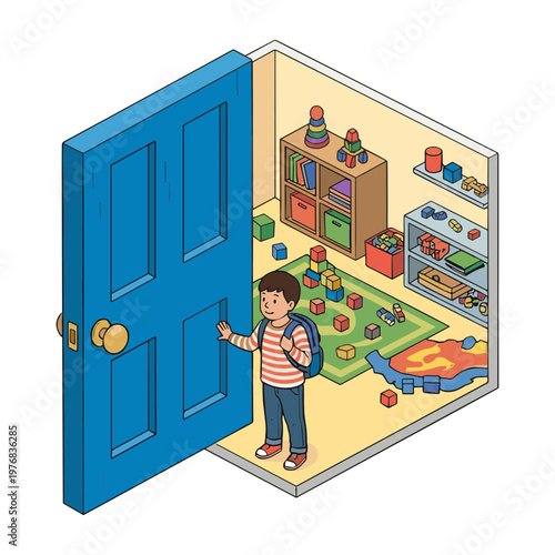 A boy enters a playroom with toys and books on shelves inside.