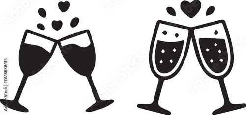 Two pairs of clinking champagne glasses with heart-shaped bubbles for celebration.