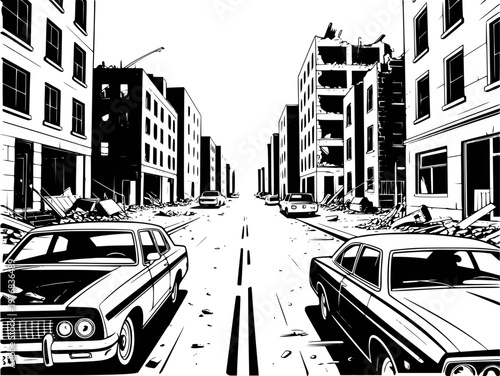Ruined city street with damaged buildings and abandoned cars in black and white comic style