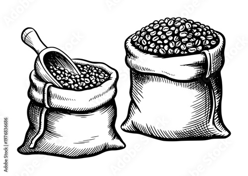 Vintage of burlap sacks filled with coffee beans with a wooden scoop