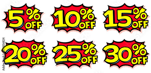 5%から30%OFFのセール文字セット。黄色いギザギザ吹き出しと黄色文字のポップな値札アイコン。