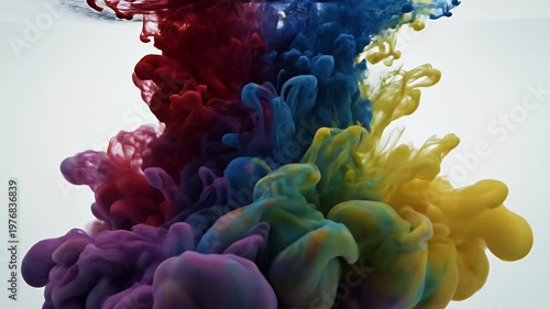 Vibrant red, yellow, and blue ink swirls and blends in water, creating an abstract and dynamic visual display against a clean white background.