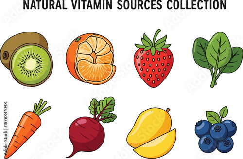 Collection of healthy natural vitamin sources including fruits and vegetables