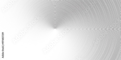 Black concentric circle texture. Radial geometric pattern background. Linear epicenter, radar, target concept. Round rippled halftone ring wallpaper for brochure, template, poster, overlay. Vector