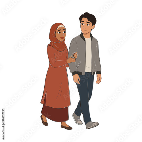 A woman in a hijab and a young man are walking together outside.