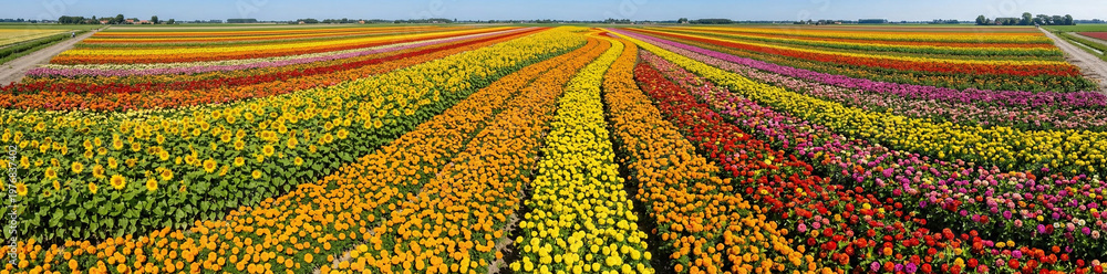 Fototapeta premium Wide panoramic view of vibrant blooming tulip and sunflower fields