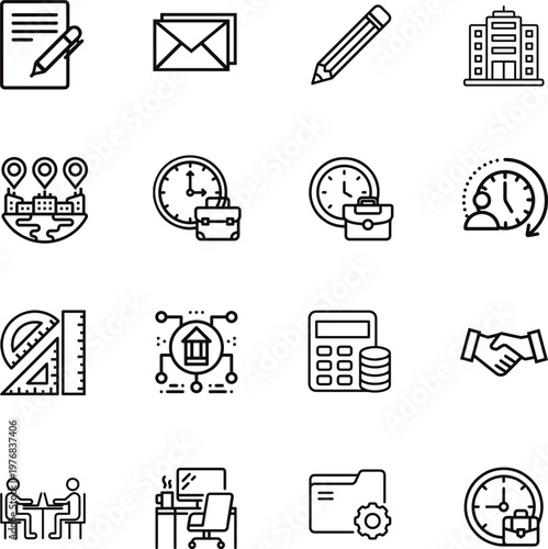 Modern office and business icon set in editable vector format. Includes corporate, workplace, management, communication, finance, and teamwork symbols. Perfect for web, apps, presentations