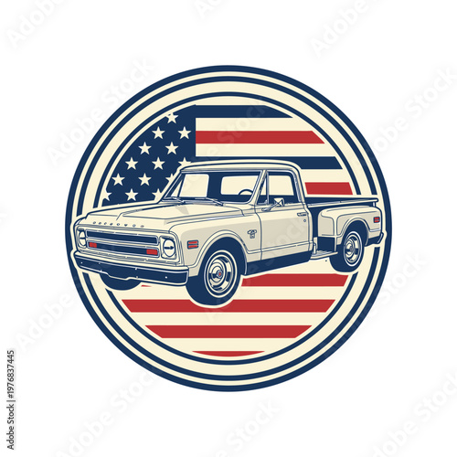 Vintage pickup truck with american flag design on circular badge
