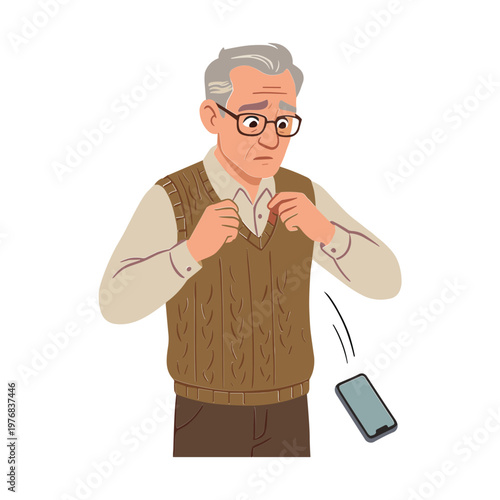 An elderly man is surprised and worried about a falling smartphone.