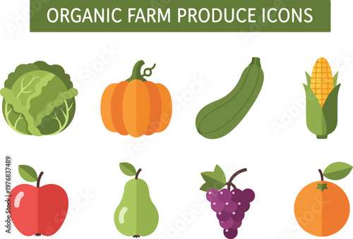 Set of fresh organic farm produce icons featuring fruits and vegetables in a flat design style