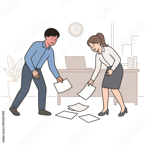 Man and woman argue while throwing papers on office floor