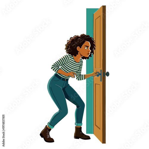 Woman cautiously opens door with fearful expression on her face indoors