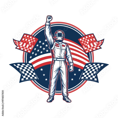 Determined astronaut raising fist in patriotic and victory-themed design