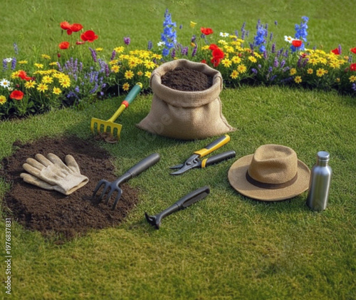 Gardening tools and supplies on green lawn preparing for planting
