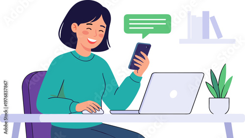 Woman sitting at desk uses phone and laptop while smiling