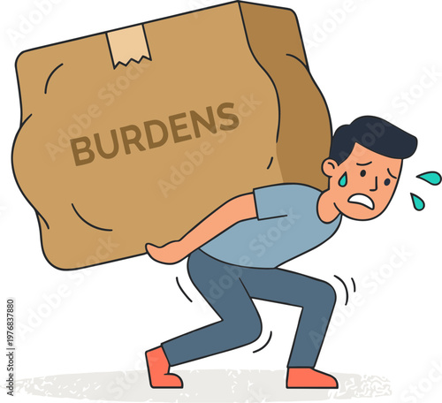 Man struggles to carry large bag of burdens on his back