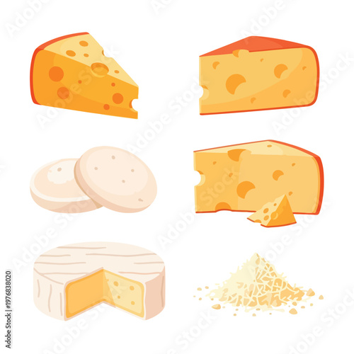 Illustration of various cheese types and textures on a white background, including wedges, slices, and crumbles.