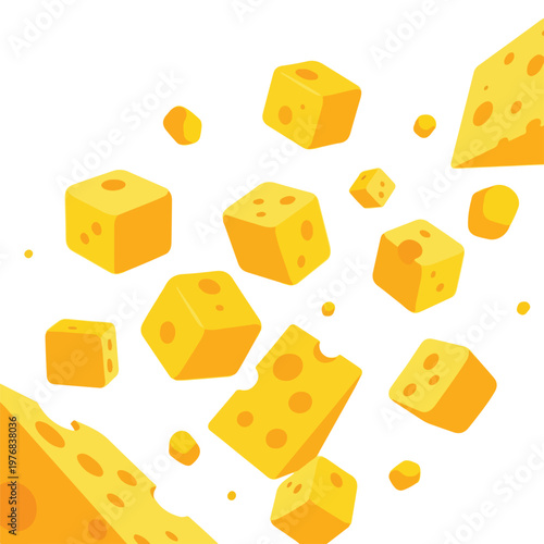 Illustration of various yellow cheese cubes and wedges floating against a white background with a playful composition.