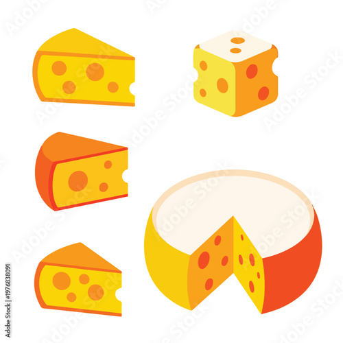 Illustration of various cheese wedges and a wheel on a white background with vibrant yellow and orange hues.