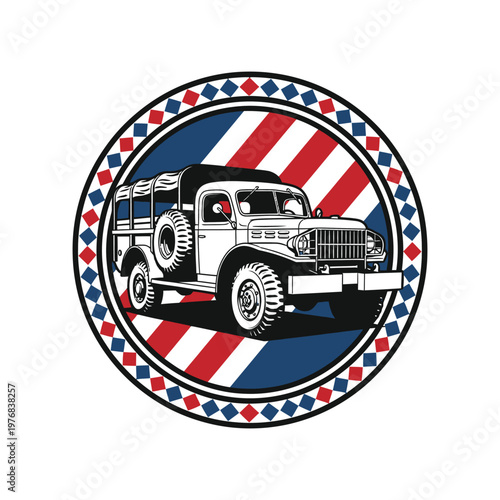 Vintage pickup truck with racing stripes border emblem design