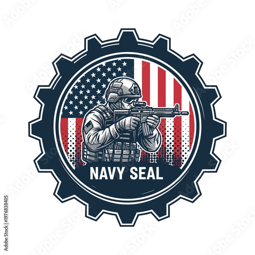 Navy seal gear emblem with american flag and weapon design