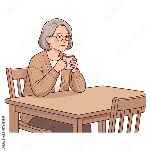 An elderly woman sits at a table sipping coffee with a concerned expression
