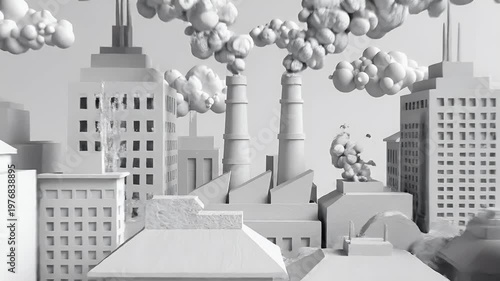 A monochromatic cityscape illustration depicts a row of stylized buildings emitting smoke, suggesting industrial activity and potential environmental concerns.