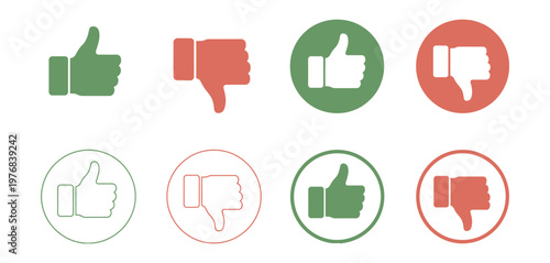 Approval and disapproval icons with green thumbs up and red thumbs down vector illustration for feedback and voting