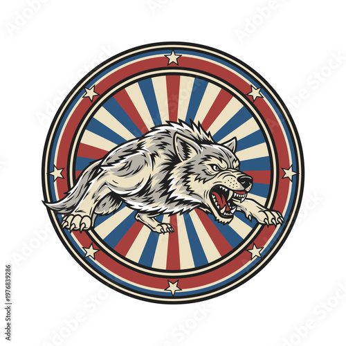 Vibrant emblem of a ferocious wolf in a dynamic circular design with radiating stripes