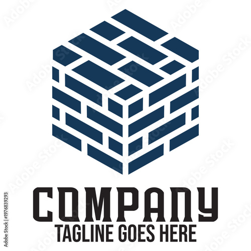 Modern isometric brick cube logo featuring a minimalist blue masonry design