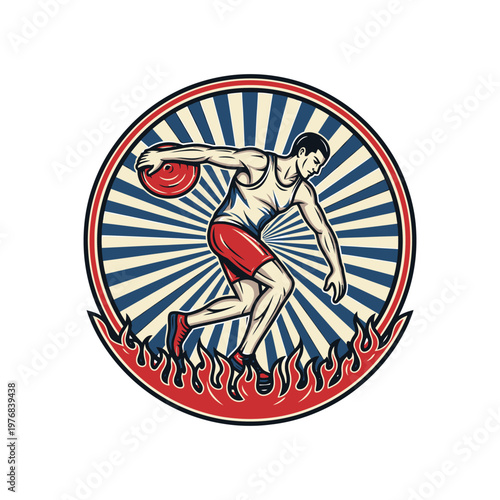 Dynamic athlete throwing a disc amidst radiant sunburst and flames