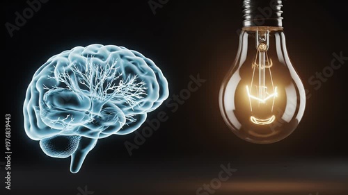 A striking visual representation of innovation and intelligence, featuring a glowing brain alongside a classic incandescent light bulb against a dark background.