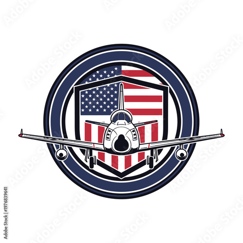 Space shuttle emblem with american flag and aircraft wings