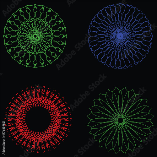 Vibrant Neon Radial Geometry Circles on Dark Background, Abstract Mandala Pattern, Symmetric Decorative Vector Art, Modern Digital Design.