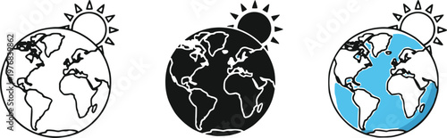 Three earth globe with sun, featuring outline, solid black, and blue ocean styles